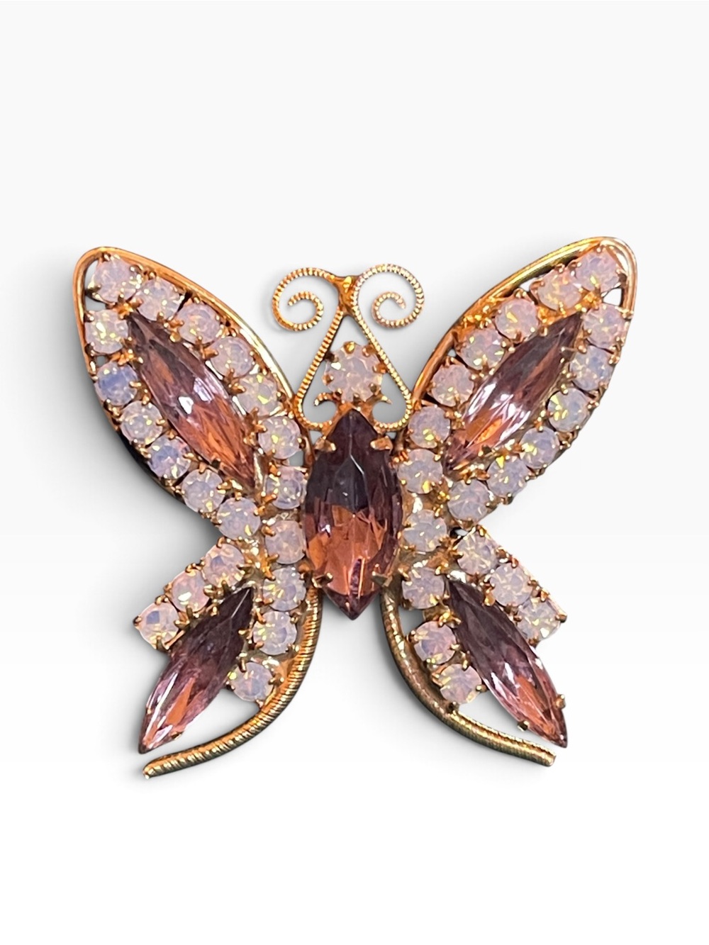 High-End Vintage Purple & Opaline Rhinestone Gold-Tone Butterfly Brooch